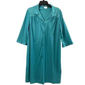 Vintage Vanity Fair Robe Womens Medium Teal Blue Nylon Button Down Sleepwear USA